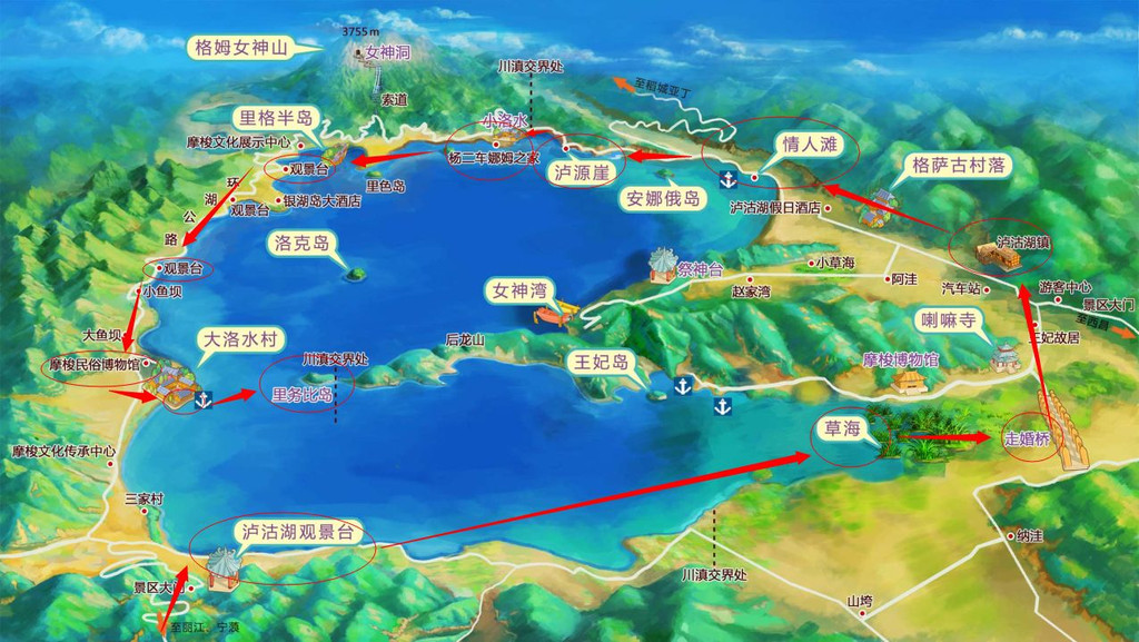 来自百度的泸沽湖全景地图,我们自驾环湖路线的景点都能在上面找得到图片